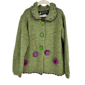 Alpaca Connection Kids Knit Sweater Cost Button Up Girls Size 10 Green Soft